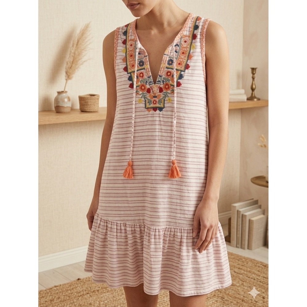 BEACHLUNCHLOUNGE Striped Pink Rose Embroidered Boho Linen Blend Daphine Dress XS